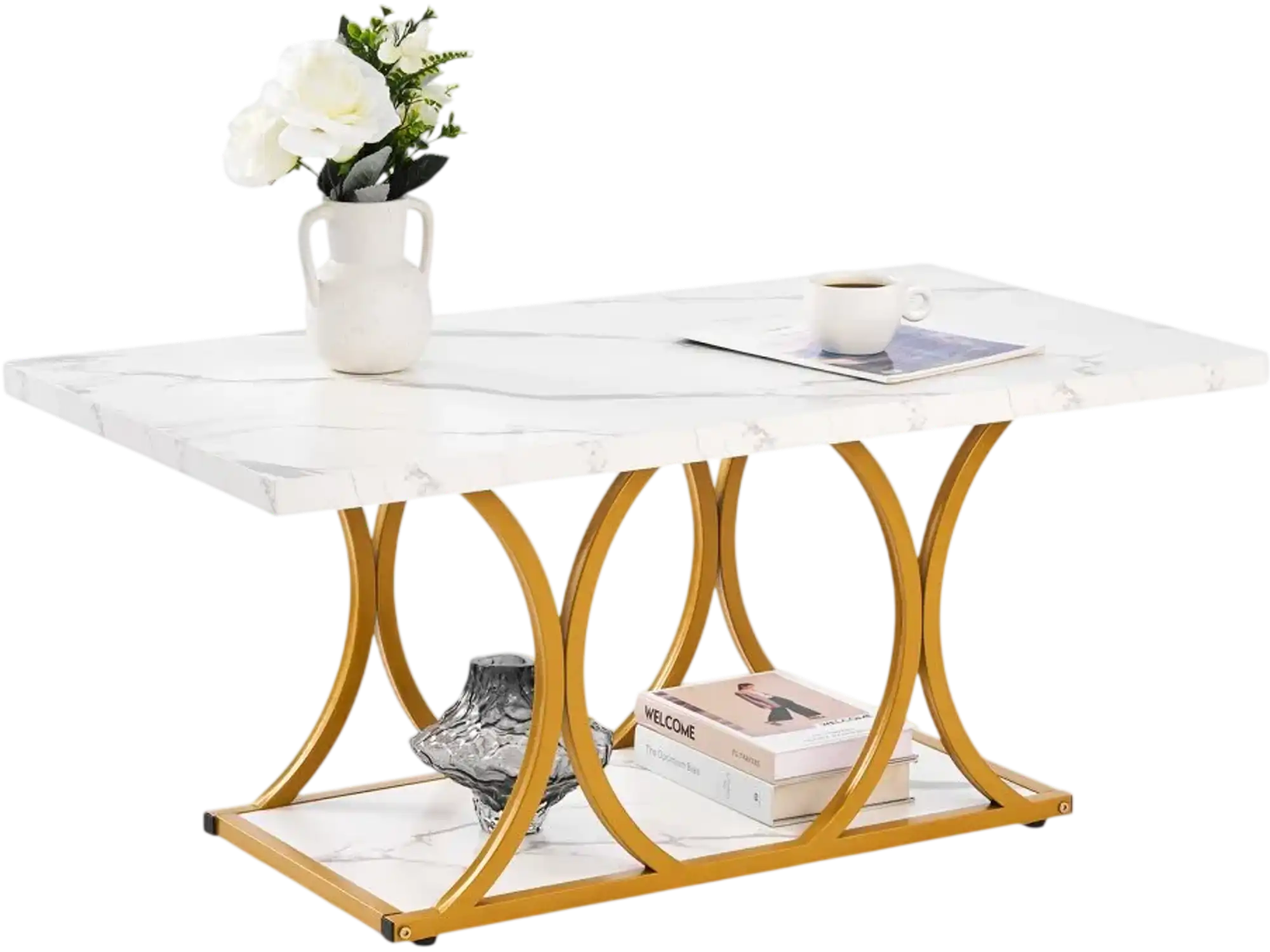 Vevor Coffee Table Modern 2-Tier Faux Marble Rectangle White New