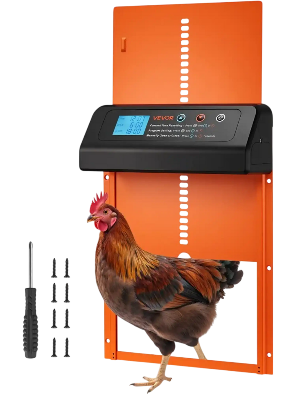 VEVOR Automatic Chicken Coop Door, Battery Powered Chicken Coop Door with Timer & Manual Setting, Anti-Pinch Security, Durable Aluminum Alloy, Chick Run Gate Opener with Waterproof Sealing, Orange