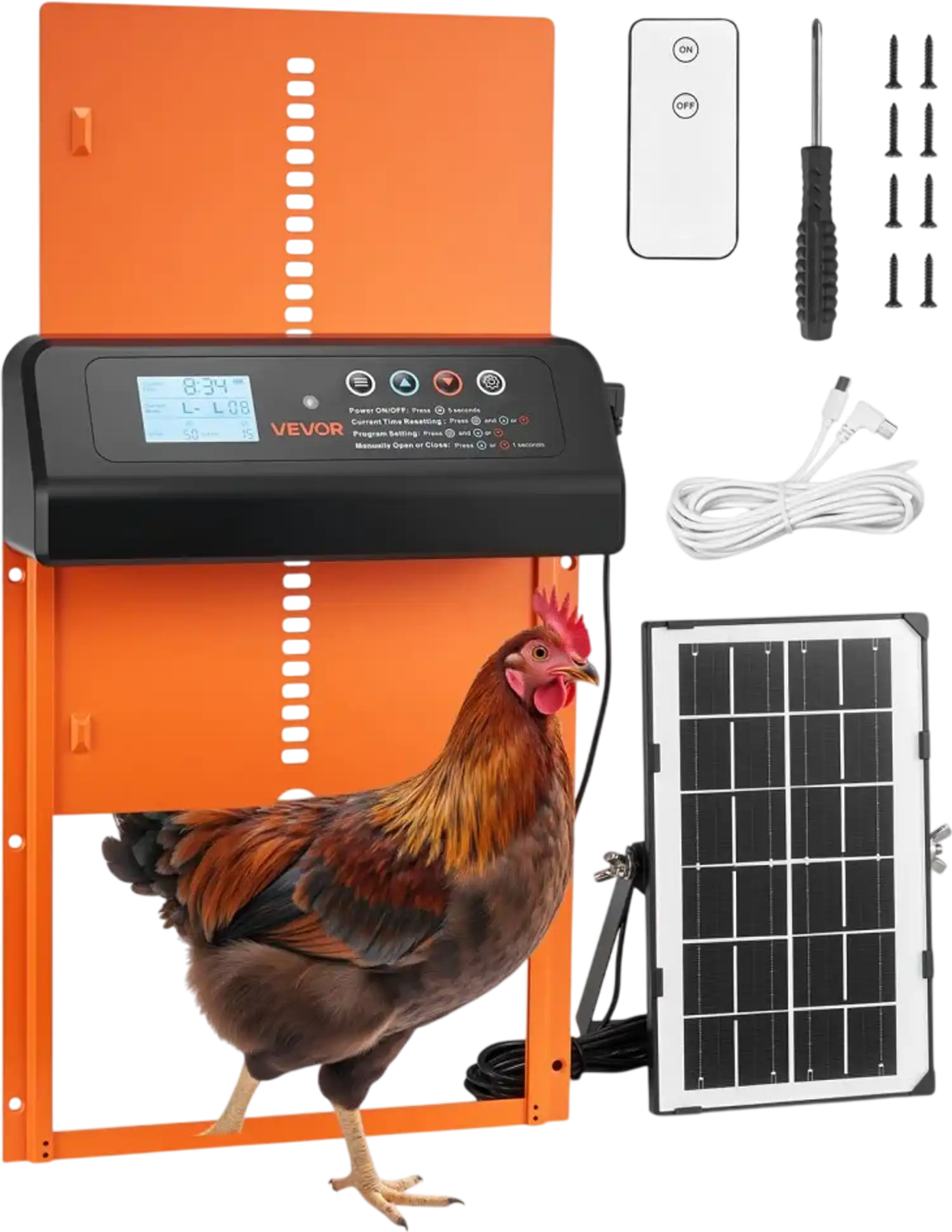 Vevor Chicken Coop Door Automatic Solar & Battery Powered Gate Opener with LCD Display, Remote Control, Light Sensor, Timer, Anti-Pinch Security, Orange New