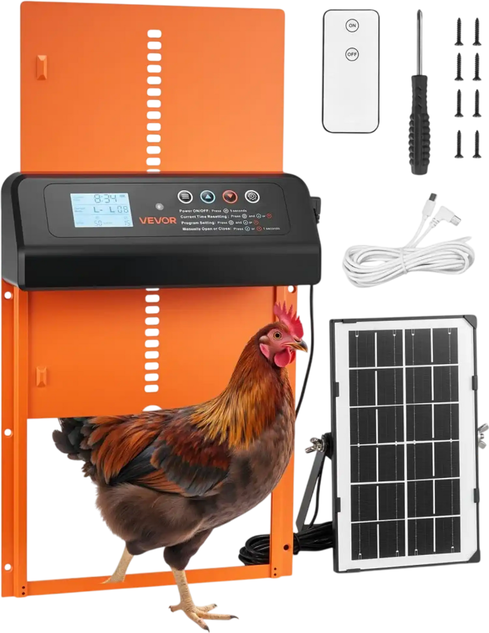 VEVOR Automatic Chicken Coop Door, Solar & Battery Powered Chicken Door with LCD Display, Remote Control, Light Sensor & Timer, Anti-Pinch Security, Aluminum Alloy Chick Run Gate Opener, Orange