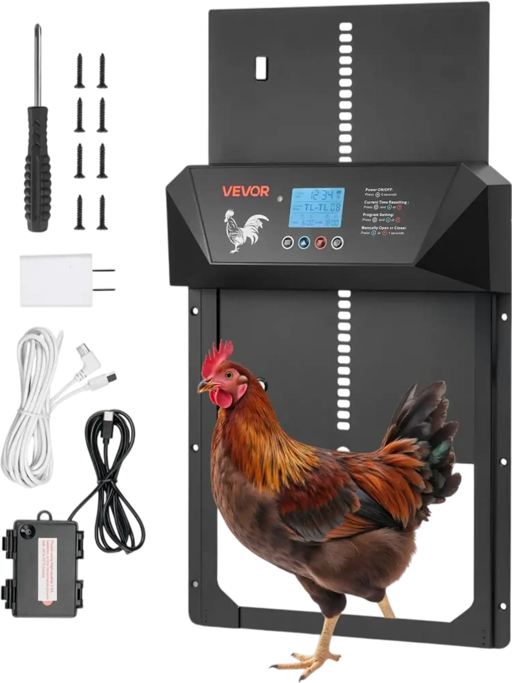 VEVOR Automatic Chicken Coop Door, DC & Battery Powered Chicken Door with LCD Display, Light Sensor, Timer & Manual Setting, Anti-Pinch Security, Durable Aluminum Alloy, Chick Run Gate Opener for Farm