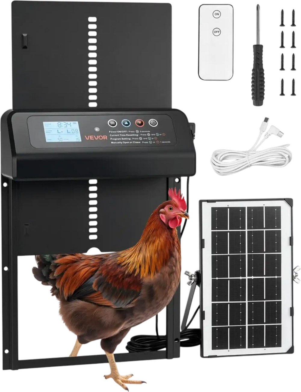 VEVOR Automatic Chicken Coop Door, Solar & Battery Powered Chicken Door with LCD Display, Remote Control, Light Sensor & Timer, Anti-Pinch Security, Aluminum Alloy Chick Run Gate Opener, Black