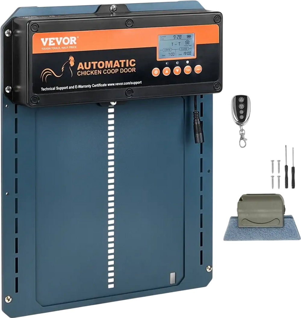 VEVOR Automatic Chicken Coop Door, Auto Chicken Door Opener with Timer & Light Sensor Aluminum Chicken Coops Door with Remote Control and LCD screen, 4 Modes Opening, Battery or DC Powered