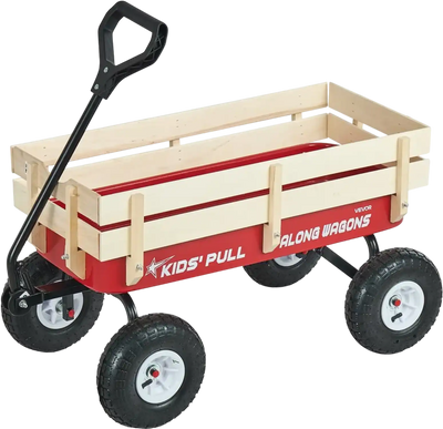 VEVOR Pull-Along Wagon for Kids, 39 inch Toddler Wagons with Wooden Panels & Handle, Supports up to 330 lbs, All-Terrain Utility Wagon Cart Birthday Present for Kids Gardening Beach, Red