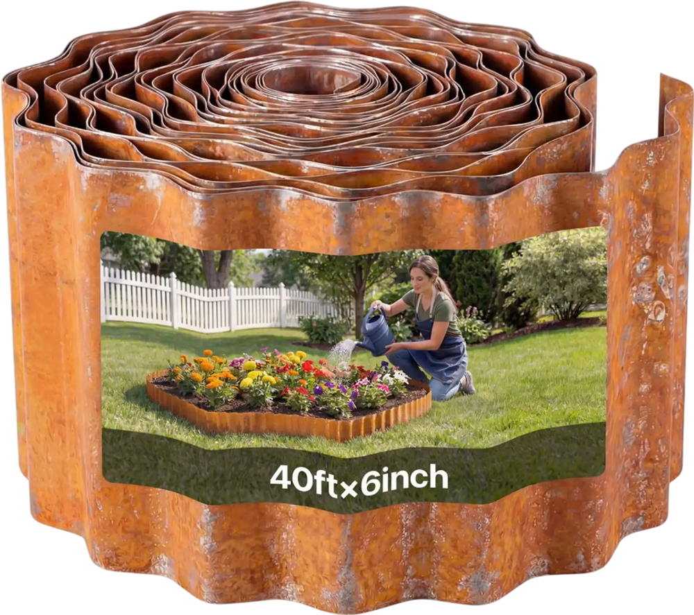 VEVOR Carbon Steel Landscape Edging, 40 ft x 6 in Steel Edging for Landscaping with Gloves, Easy-to-Install Bendable Metal Strips, Metal Garden Edge Border for Flower Bed, Yard Pathway, Rust