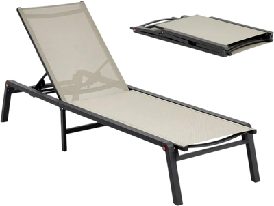 VEVOR Outdoor Chaise Lounge Chair, 400 lbs Weight Capacity, Foldable Sun Tanning Chair, 5 Adjustable Positions, Easy Assembly, Heavy Duty Aluminum Pool Recliner Lounge Chairs, for Beach Yard Patio