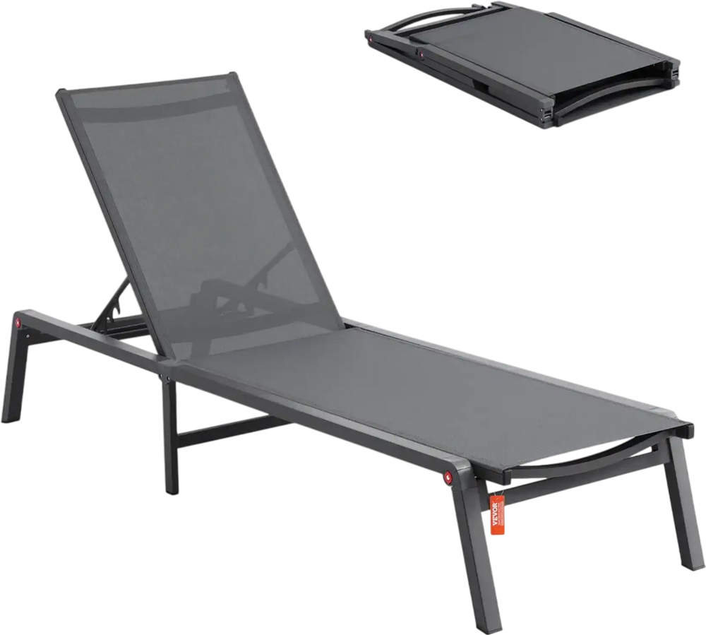 VEVOR Chaise Lounge Chair Outdoor, Aluminum Patio Lounge Chair with Adjustable 5-Position, Folding Pool Lounge Chair Recliner and Full Flat Tanning Chair for Patio, Beach, Pool, Dark Grey
