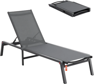 VEVOR Chaise Lounge Chair Outdoor, Aluminum Patio Lounge Chair with Adjustable 5-Position, Folding Pool Lounge Chair Recliner and Full Flat Tanning Chair for Patio, Beach, Pool, Dark Grey