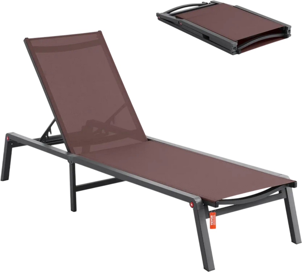 VEVOR Chaise Lounge Chair Outdoor, Aluminum Patio Lounge Chair with Adjustable 5-Position, Folding Pool Lounge Chair Recliner and Full Flat Tanning Chair for Patio, Beach, Pool, Brown