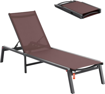 VEVOR Chaise Lounge Chair Outdoor, Aluminum Patio Lounge Chair with Adjustable 5-Position, Folding Pool Lounge Chair Recliner and Full Flat Tanning Chair for Patio, Beach, Pool, Brown