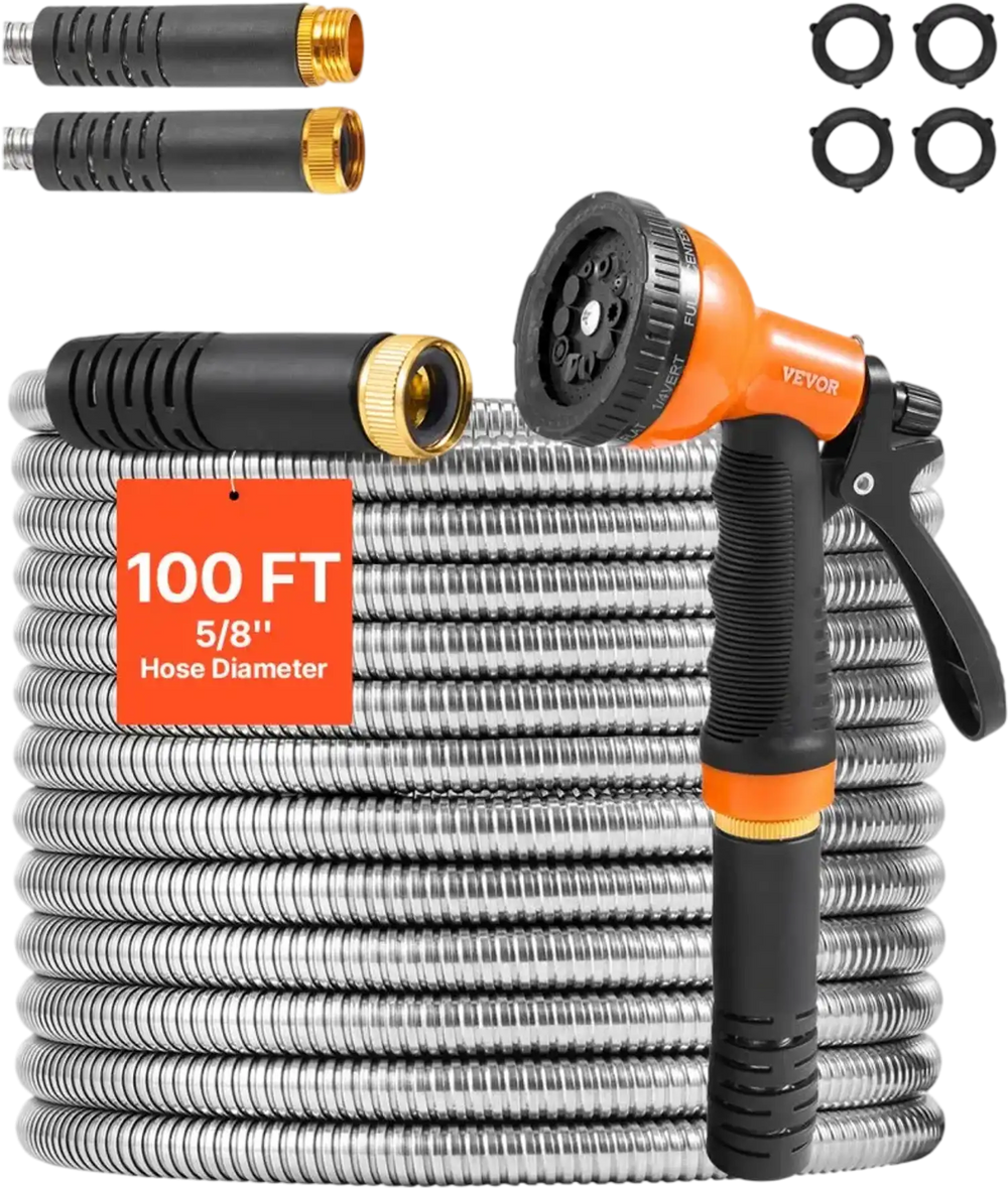 VEVOR Metal Garden Hose 100 ft, Rust Proof Stainless Steel Water Hose, Heavy Duty Backyard Hose with 10 Function Nozzle, No-Kink & Flexible Water Pipe, Lightweight Metal Hose for Yard, Outdoor