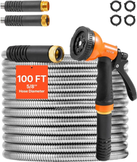 VEVOR Metal Garden Hose 100 ft, Rust Proof Stainless Steel Water Hose, Heavy Duty Backyard Hose with 10 Function Nozzle, No-Kink & Flexible Water Pipe, Lightweight Metal Hose for Yard, Outdoor