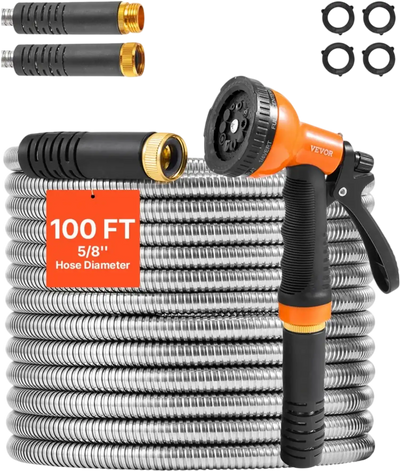 VEVOR Metal Garden Hose 100 ft, Rust Proof Stainless Steel Water Hose, Heavy Duty Backyard Hose with 10 Function Nozzle, No-Kink & Flexible Water Pipe, Lightweight Metal Hose for Yard, Outdoor