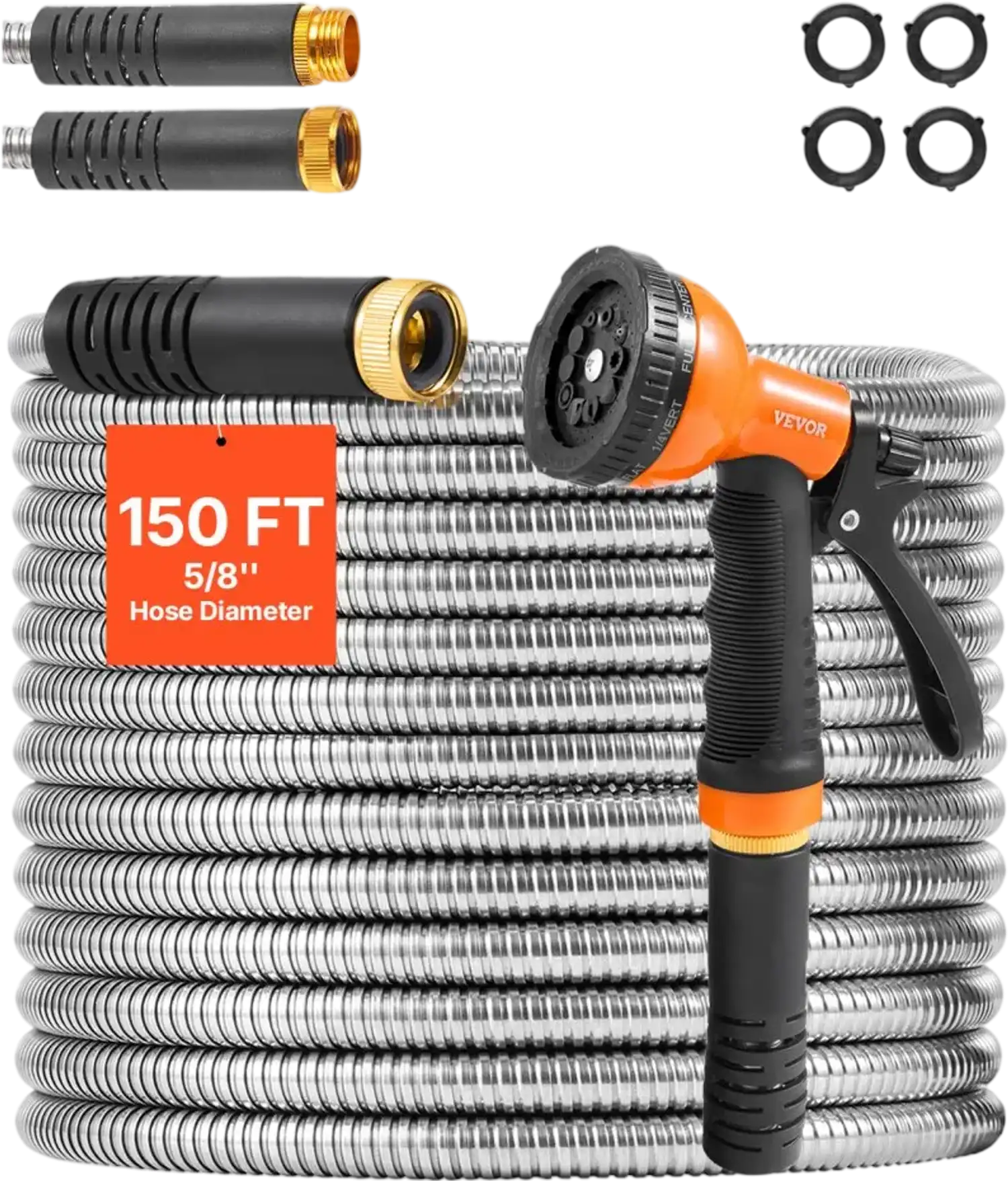 Vevor Metal Garden Hose 150' Stainless Steel Water Hose with 10-Function Nozzle New