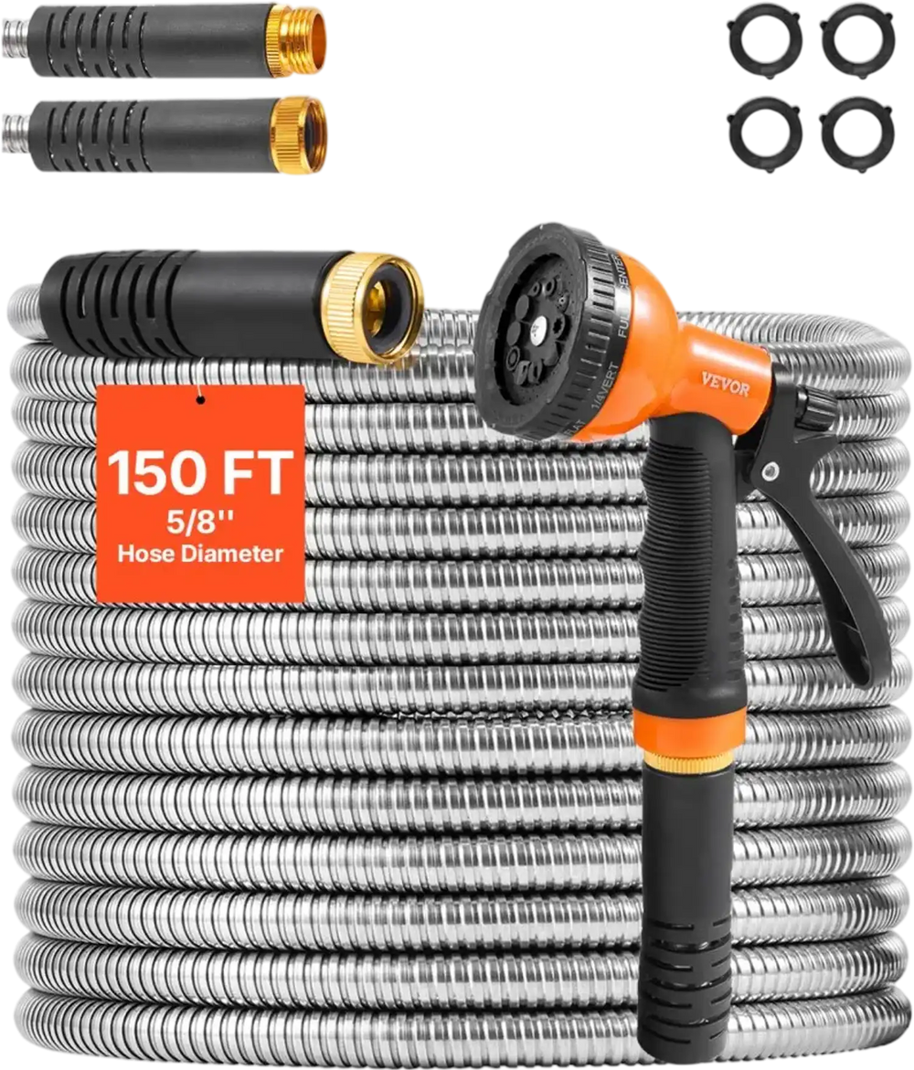 VEVOR Metal Garden Hose 150 ft, Rust Proof Stainless Steel Water Hose, Heavy Duty Backyard Hose with 10 Function Nozzle, No-Kink & Flexible Water Pipe, Lightweight Metal Hose for Yard, Outdoor