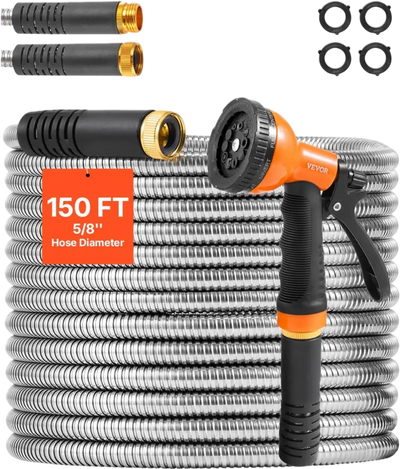 Vevor Metal Garden Hose 150' Stainless Steel Water Hose with 10-Function Nozzle New