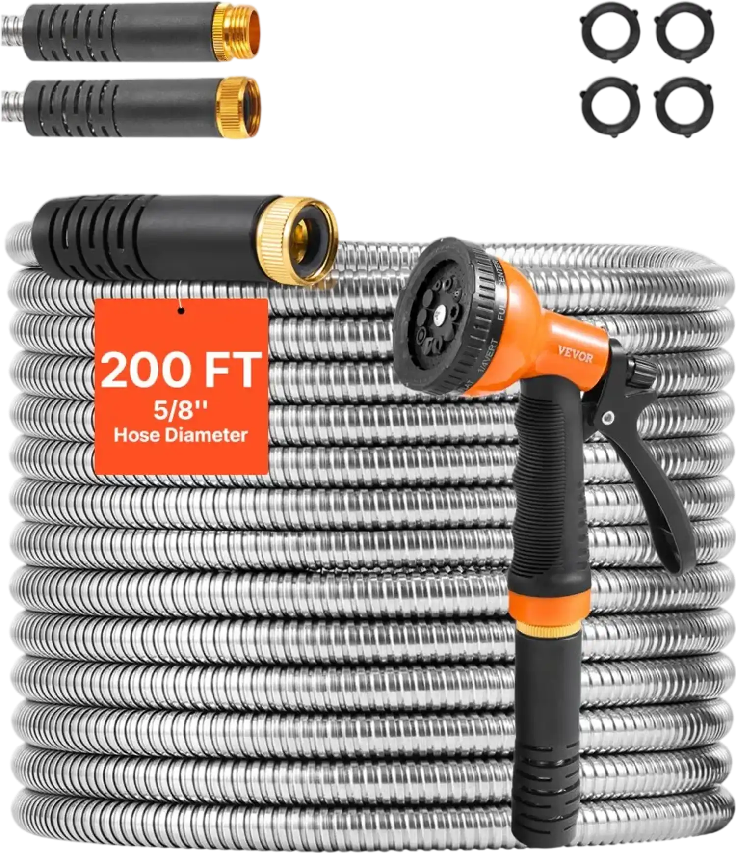 Vevor Metal Garden Hose 200' Stainless Steel Water Hose with 10-Function Nozzle New