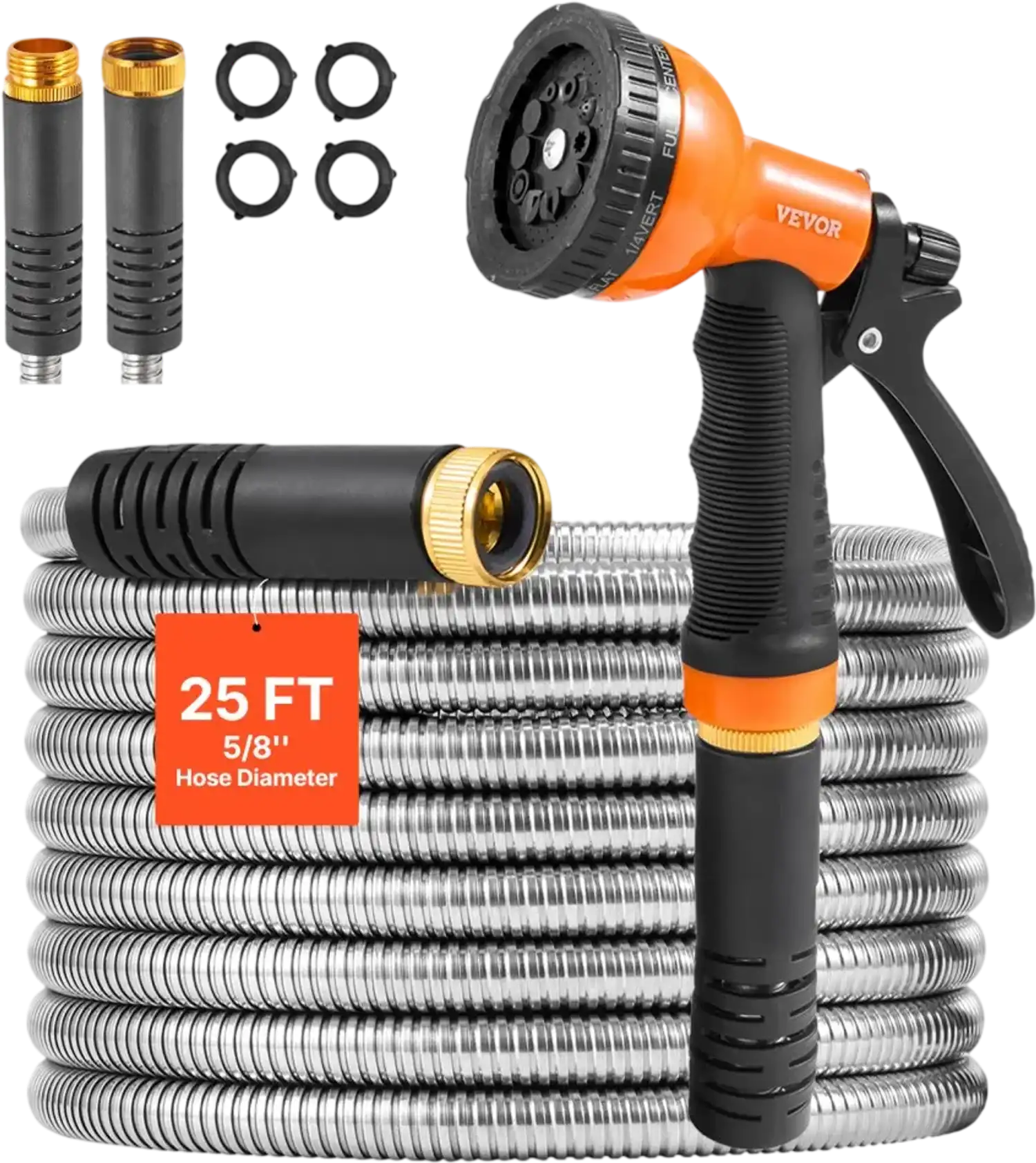 Vevor Metal Garden Hose 25' Stainless Steel Water Hose with 10-Pattern Nozzle New
