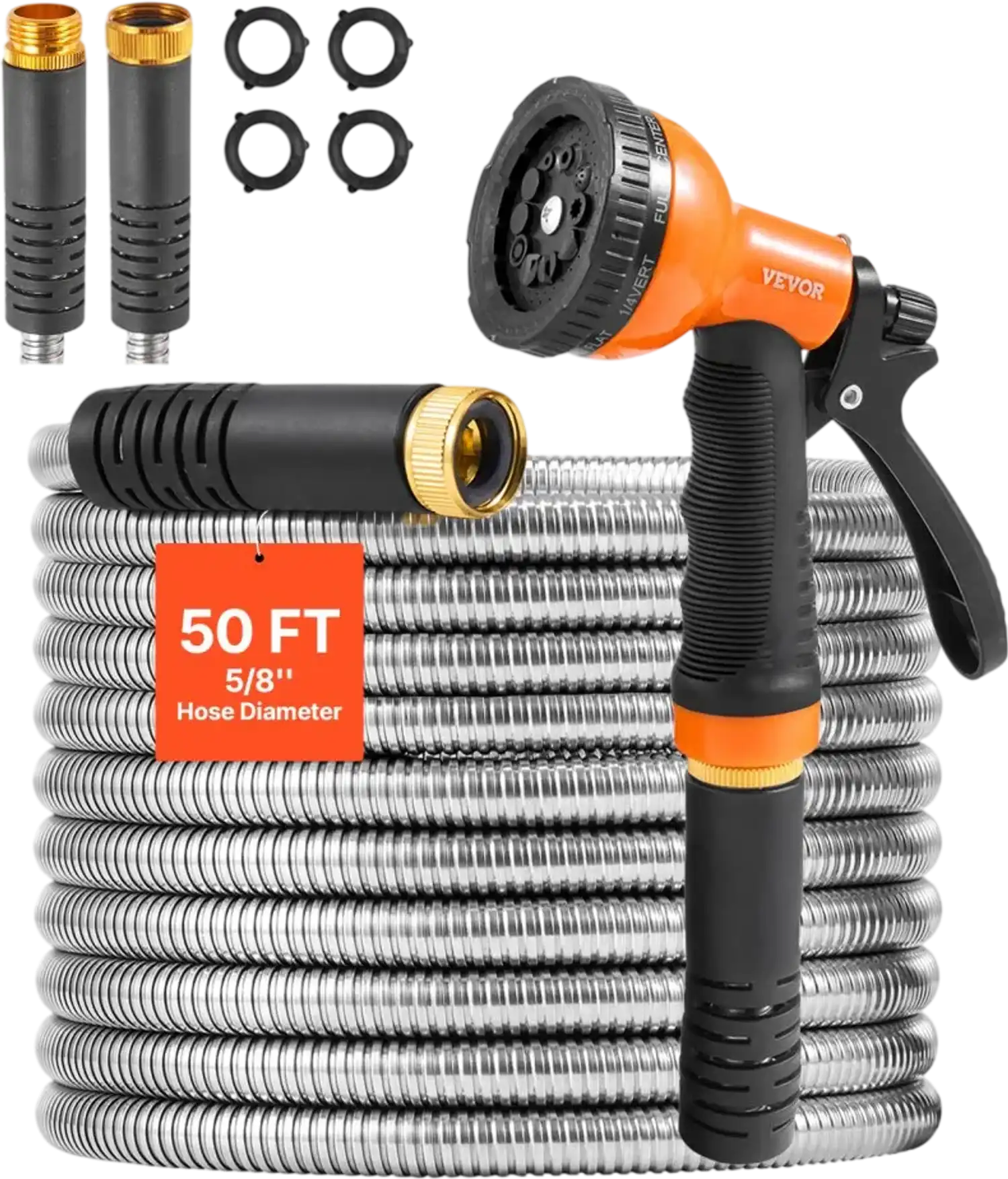 Vevor Metal Garden Hose 50' Stainless Steel No-Kink Water Hose with 10-Pattern Nozzle New