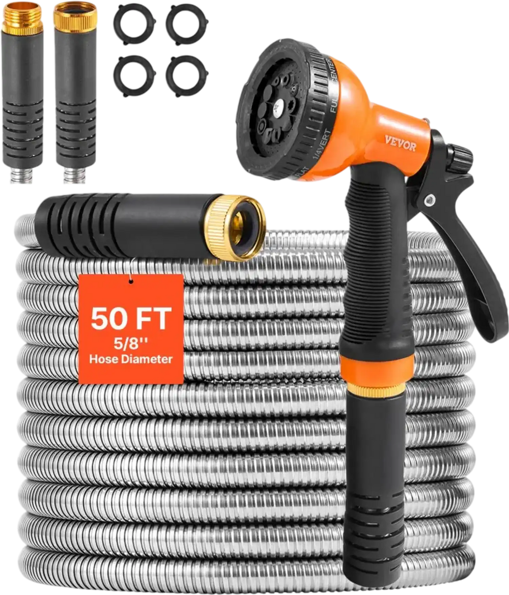 VEVOR Metal Garden Hose 50 ft, Rust Proof Stainless Steel Water Hose, Heavy Duty Backyard Hose with 10 Function Nozzle, No-Kink & Flexible Water Pipe, Lightweight Metal Hose for Yard, Outdoor