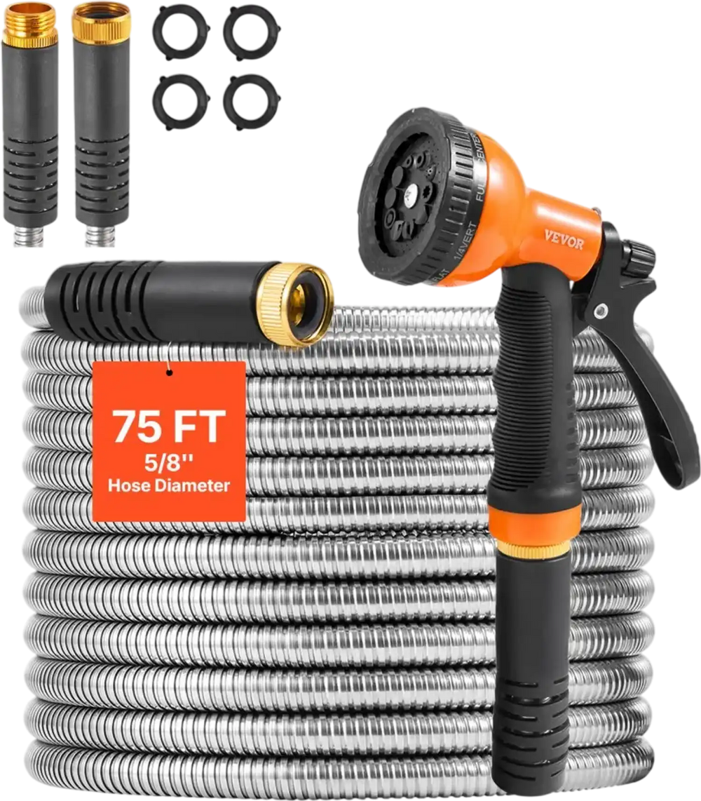 VEVOR Metal Garden Hose 75 ft, Rust Proof Stainless Steel Water Hose, Heavy Duty Backyard Hose with 10 Function Nozzle, No-Kink & Flexible Water Pipe, Lightweight Metal Hose for Yard, Outdoor