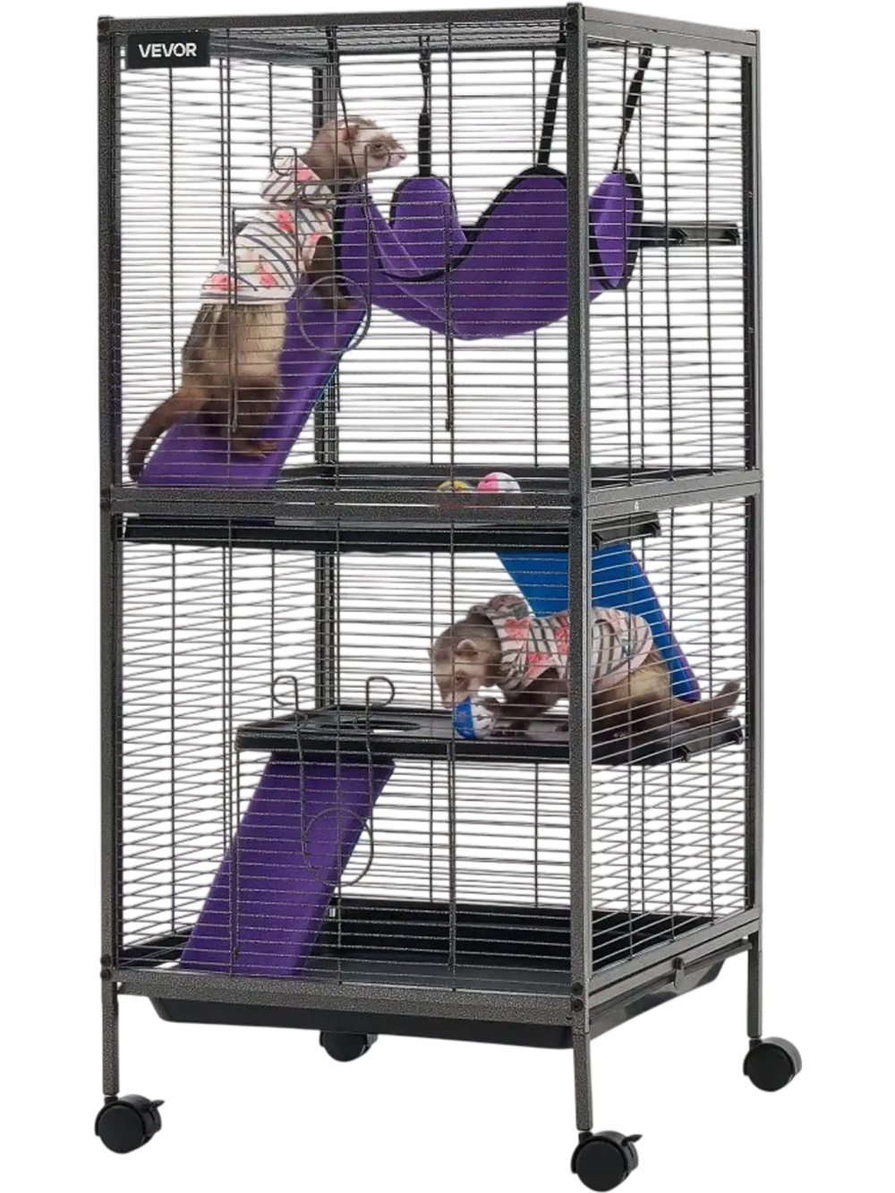VEVOR Metal Small Animal Cage 44.5"H 4-Tier Rolling Ferret Cage On Wheels, 0.55" Wire Spacing Large Cages with Hammock, Ramps, Tray & Doors for Ferret, Chinchilla, Sugar Glider, Guinea Pig & Rabbit