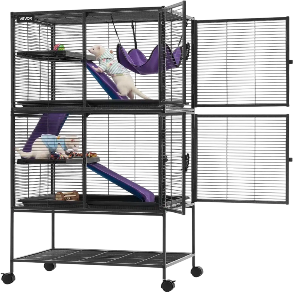 VEVOR Metal Small Animal Cage 51.2"H 4-Tier Rolling Ferret Cage On Wheels, 0.55" Wire Spacing Large Cages with Hammock, Ramps, Tray & Doors for Ferret, Chinchilla, Sugar Glider, Guinea Pig & Rabbit