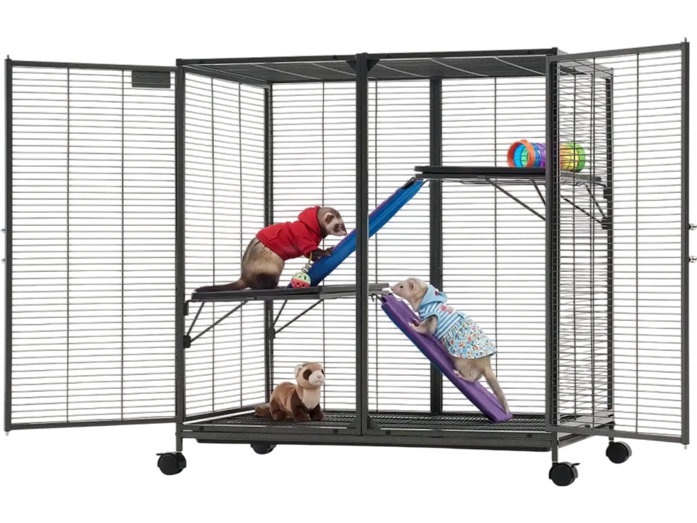 VEVOR Metal Small Animal Cage 37.8"H 3-Tier Rolling Ferret Cage On Wheels, 0.55" Wire Spacing Large Cages with Ramps, Platform, Tray & Doors for Ferret, Chinchilla, Sugar Glider, Guinea Pig & Rabbit