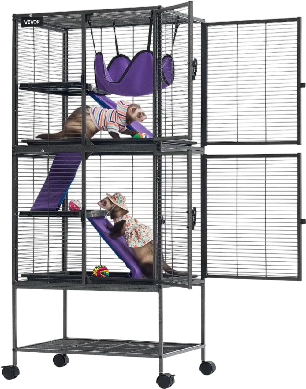 VEVOR Metal Small Animal Cage 54.3"H 4-Tier Rolling Ferret Cage On Wheels, 0.55" Wire Spacing Large Cages with Hammock, Ramps, Tray & Doors for Ferret, Chinchilla, Sugar Glider, Guinea Pig & Rabbit