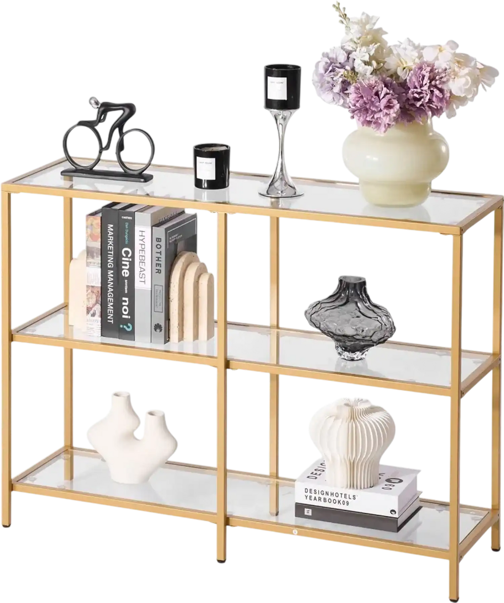 VEVOR 3-Tier Glass Console Table, Modern Rectangle Sofa Side Table with Tempered Glass Top and Iron Legs, Golden Consloe Desk with Anti-Tip Device for Living Room, Hallway, Entryway, Foyer, Golden