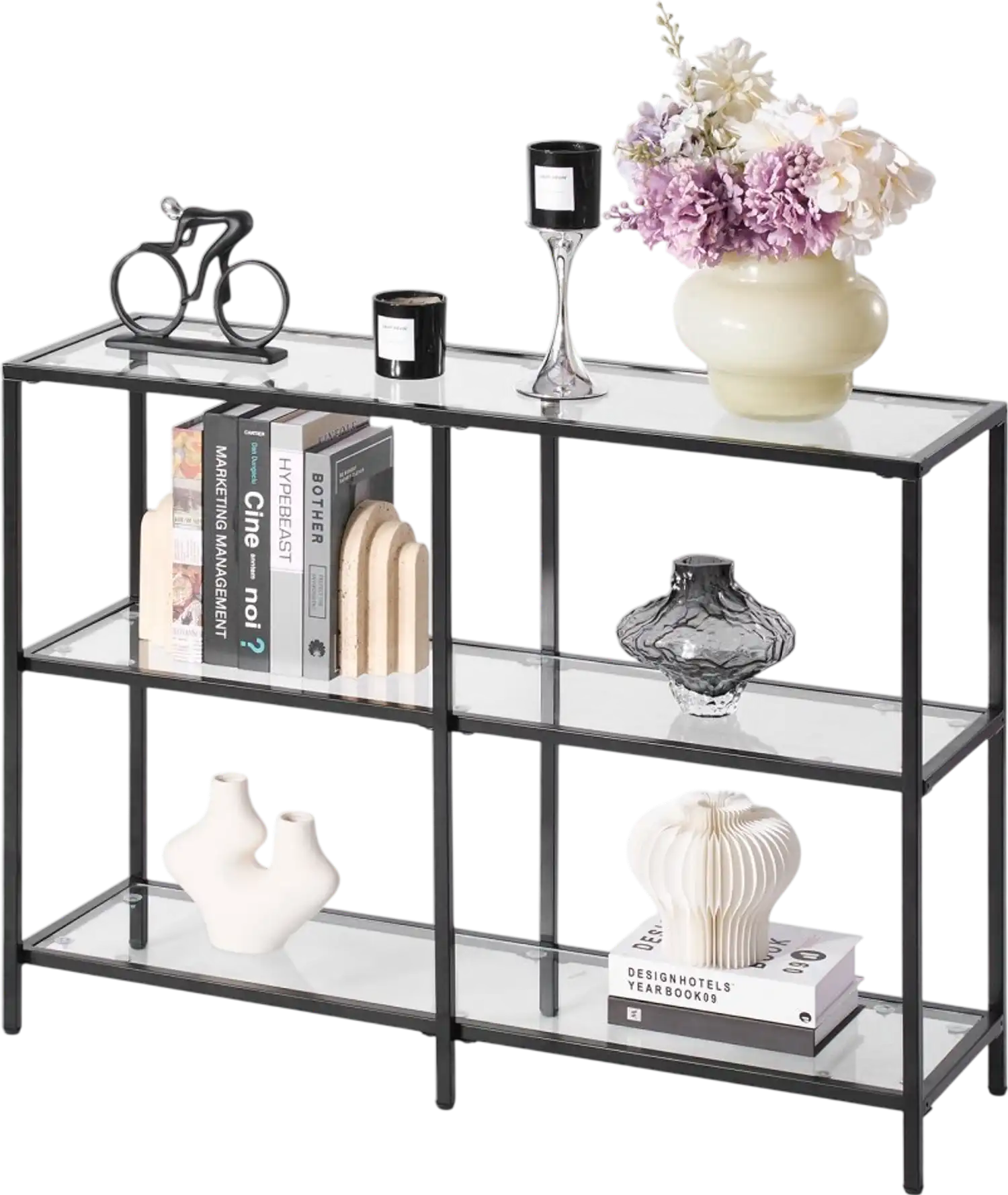 Vevor Console Table 3-Tier Tempered Glass Sofa Side Table Black New