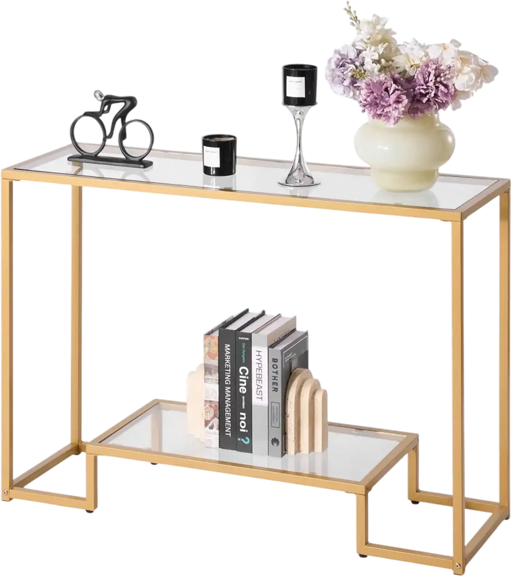 VEVOR 2-Tier Glass Console Table, Modern Rectangle Sofa Side Table with Tempered Glass Top and Iron Legs, Golden Consloe Desk with Anti-Tip Device for Living Room, Hallway, Entryway, Foyer, Golden