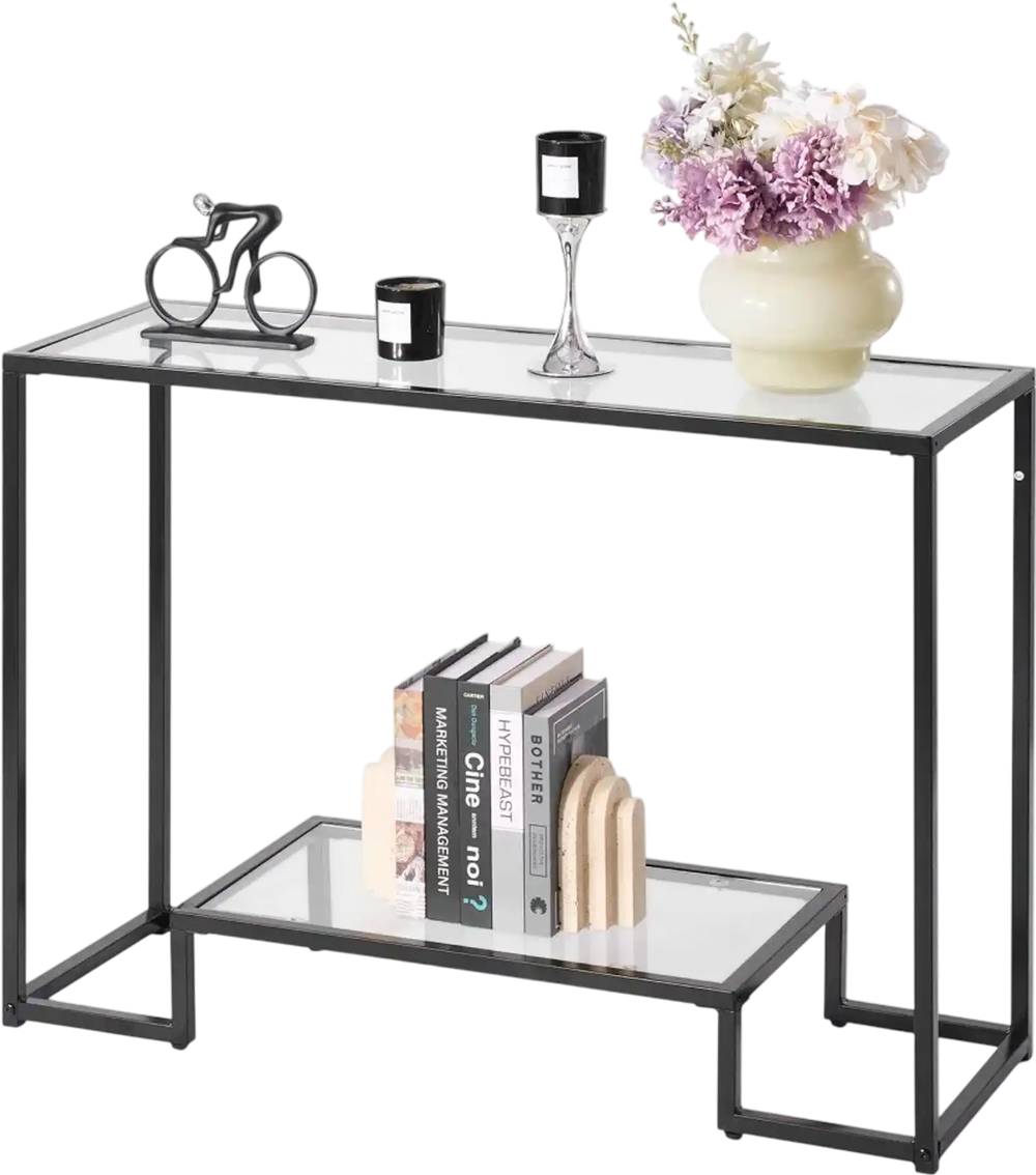 VEVOR 2-Tier Glass Console Table, Modern Rectangle Sofa Side Table with Tempered Glass Top and Iron Legs, Golden Consloe Desk with Anti-Tip Device for Living Room, Hallway, Entryway, Foyer, Black