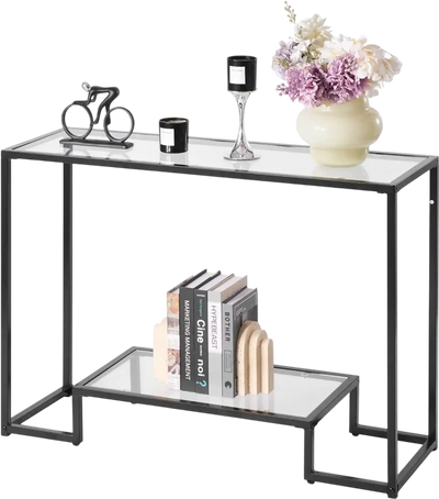 VEVOR 2-Tier Glass Console Table, Modern Rectangle Sofa Side Table with Tempered Glass Top and Iron Legs, Golden Consloe Desk with Anti-Tip Device for Living Room, Hallway, Entryway, Foyer, Black