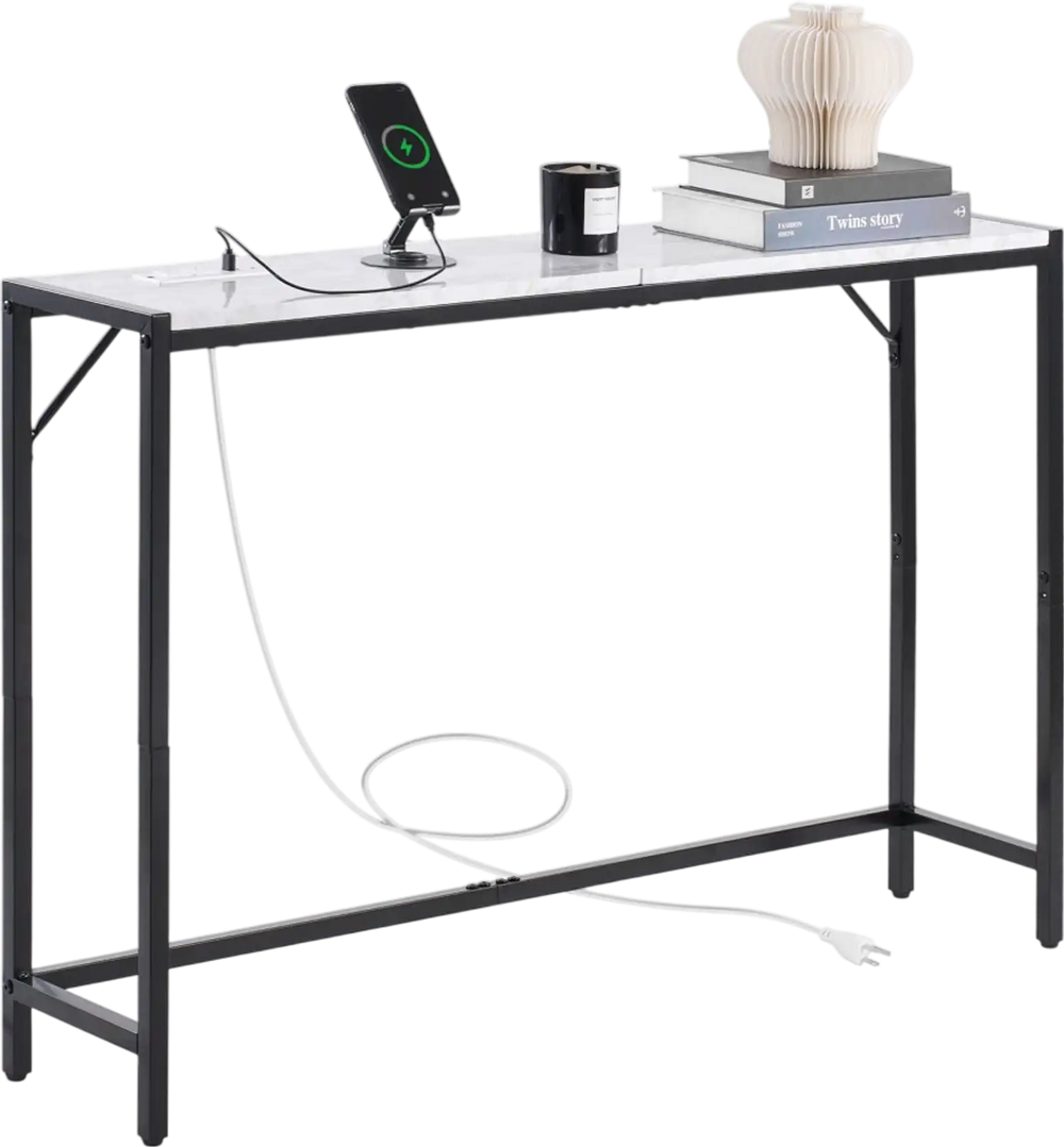 VEVOR Marble Console Table, Modern Narrow Long Console Table with Power Outlet, Thin Sofa Side Table with Iron Tubes, Anti-Tip Device and Triangular Support for Living Room, Hallway, Entryway, Foyer