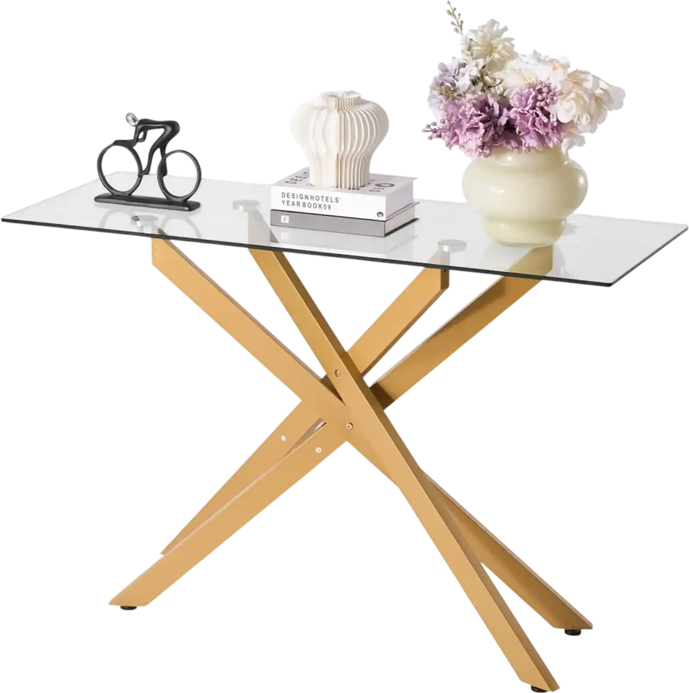 VEVOR Glass Coffee Table, Modern Rectangle Sofa Side Table with Tempered Glass Top & Iron Cross-Legs, Golden Geometric Consloe Desk with Adjustable Anti-slip Foot Pads for Living Room, Entryway, Foyer