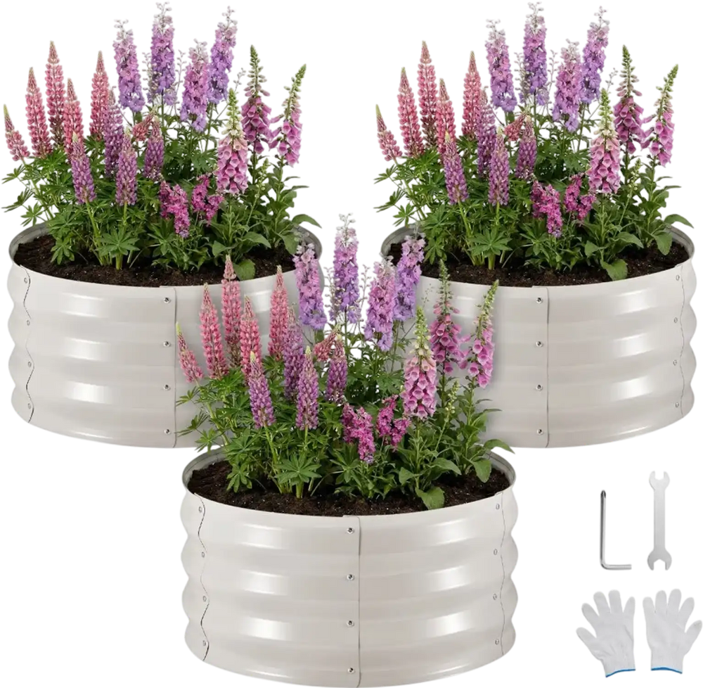 VEVOR 3 Pcs Galvanized Raised Garden Beds, 2 x 2 x 1 ft, Round Metal Planter Boxes Kit Outdoor, Bottomless Elevated Garden Boxes with Gloves, Alu-Zinc, for Planting Flowers Vegetables Herbs, Beige