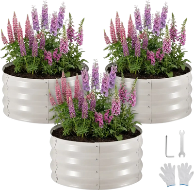 VEVOR 3 Pcs Galvanized Raised Garden Beds, 2 x 2 x 1 ft, Round Metal Planter Boxes Kit Outdoor, Bottomless Elevated Garden Boxes with Gloves, Alu-Zinc, for Planting Flowers Vegetables Herbs, Beige