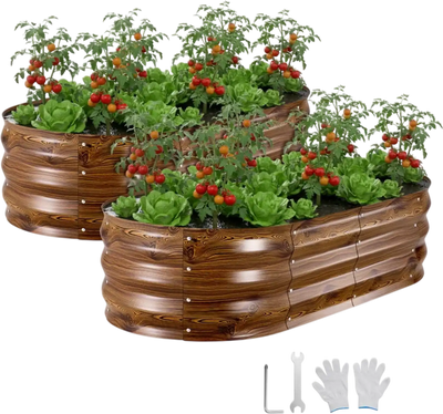 Vevor Raised Garden Bed 2 Pack 4' x 2' x 1' Oval Metal Planter Boxes Deep Wood Grain New