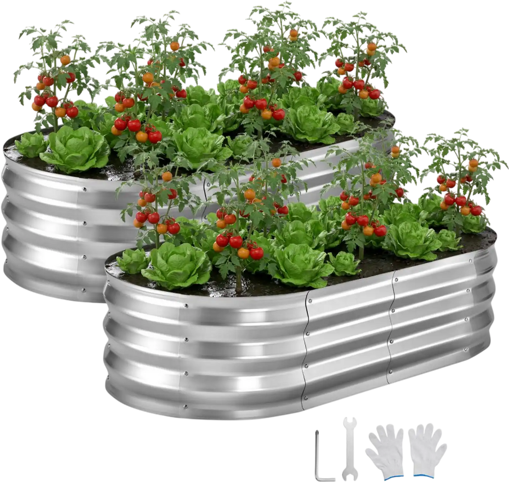 VEVOR 2 Pack Galvanized Raised Garden Beds, 4 x 2 x 1 ft, Oval Metal Planter Boxes Kit Outdoor, Bottomless Elevated Garden Box with Gloves, Alu-Zinc, for Planting Flowers Fruits Vegetables, Silver