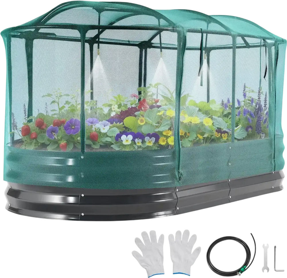 VEVOR Galvanized Raised Garden Bed, 6 x 3 x 1 ft, with Self Watering System and Mesh Cover, Oval Metal Planter Box Kit Outdoor, Rustproof Alu-Zinc, for Planting Flowers Fruits Vegetables, Dark Gray