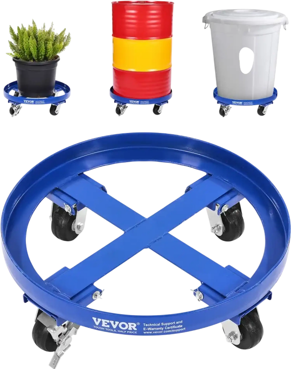 VEVOR 55 Gallon Drum Dolly, 2000 lbs Load Capacity, Heavy-Duty Barrel Dolly with Cross Braces and 4 Swivel Caster Wheels, Non Tipping Hand Truck Capacity Dollies for Warehouse Drum Handling, Blue