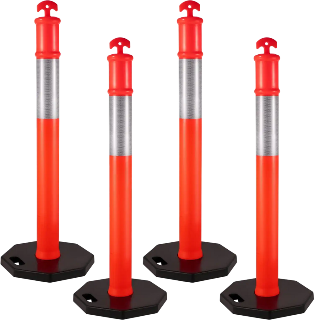 VEVOR 4Pack Traffic Delineator Posts 44 Inch Height, PE Delineator Post Kit 10 inch Reflective Band, Orange Delineator Cones with Rubber Base 16 inch for Construction Sites, Facility Management etc.