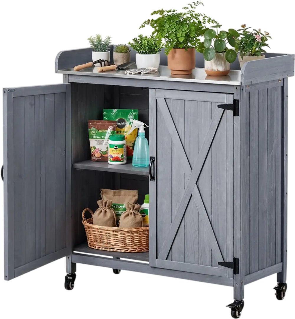 VEVOR Potting Bench Table, Outdoor Gardening Wooden Storage Cabinet with 36 x 16 in Galvanized Iron Tabletop, Garden Planting Workstation with Large Storage Space, 4 Casters for Patio, Backyard, Gray