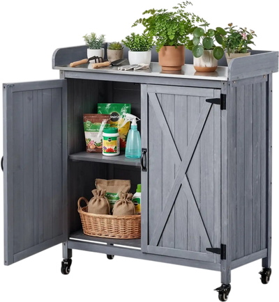 VEVOR Potting Bench Table, Outdoor Gardening Wooden Storage Cabinet with 36 x 16 in Galvanized Iron Tabletop, Garden Planting Workstation with Large Storage Space, 4 Casters for Patio, Backyard, Gray
