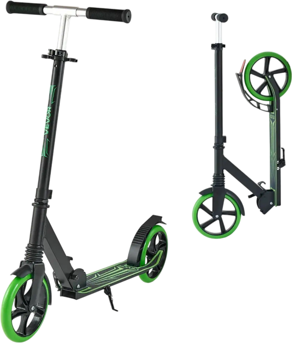 VEVOR Kick Scooter for Kids Ages 8+, Teens & Adults, 2-Wheel Toddler Scooter with Adjustable Height Handlebar, Wide Anti-Slip Deck, Foldable Lightweight for Boys & Girls up to 220 lbs, Black + Green