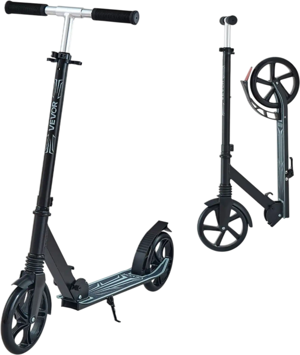 VEVOR Kick Scooter for Kids Ages 8+, Teens & Adults, 2-Wheel Toddler Scooter with Adjustable Height Handlebar, Wide Anti-Slip Deck, Foldable Lightweight Frame for Boys & Girls up to 220 lbs, Black