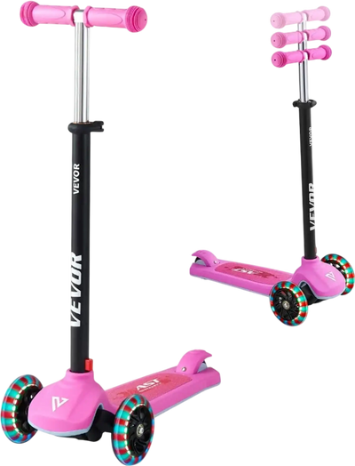 VEVOR Kick Scooter for Kids Ages 3+, 3-Wheel Toddler Scooter with Light-Up Wheels, Adjustable Height Handlebar, Wide Anti-Slip Deck, Lightweight Aluminum Frame for Boys & Girls up to 165 lbs, Pink