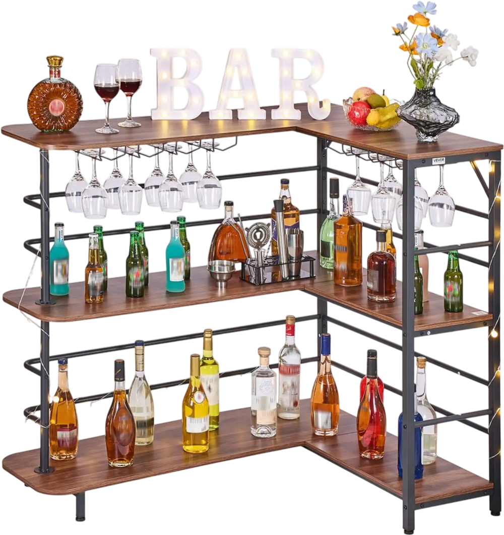 VEVOR Home Bar Unit, L-Shaped Wine Bar Cabinet Table 3-Tier with Storage Shelves, Adjustable Foot Pads, LED Light, Walnut Finish & Metal Frame Liquor Cabinet for Home, Kitchen,Living Room,Pub,Basement
