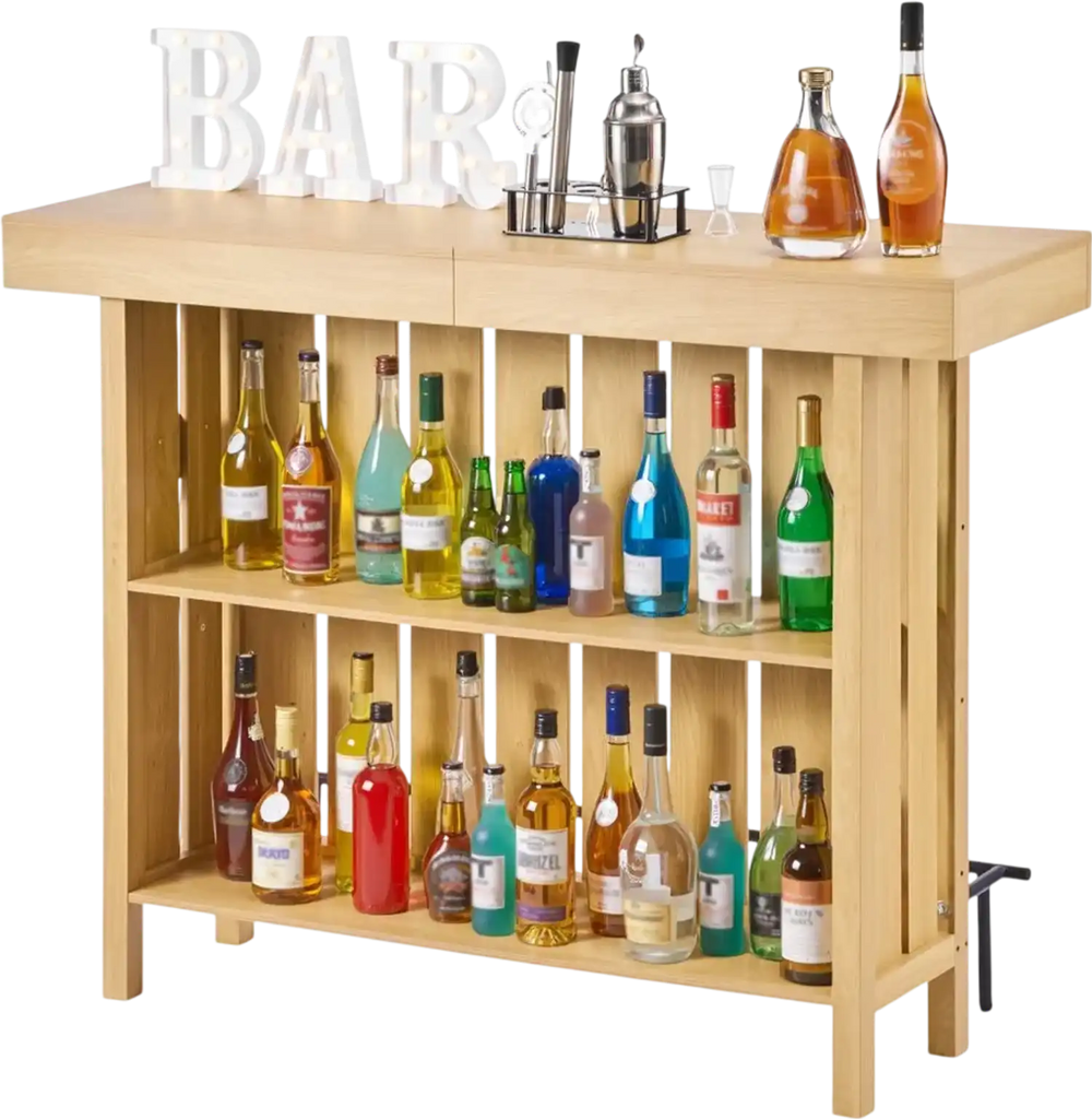 VEVOR Home Bar Unit, Wine Bar Cabinet Table 3-Tier with Storage Shelves, Opener Storage Box & Adjustable Foot Pads, Black Footrest, Wood & Metal Liquor Cabinet for Home, Basement, Kitchen, Living Room